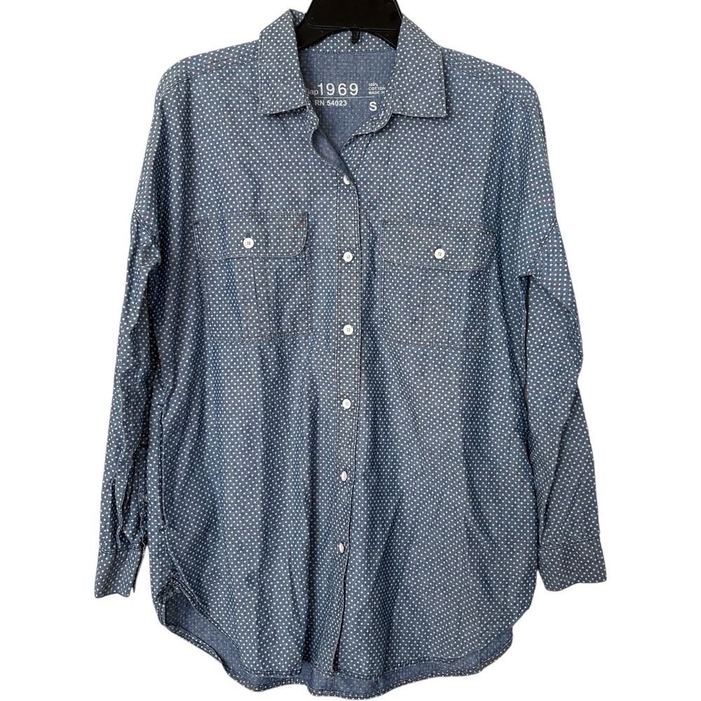 Gap Womens Small Button Down Shirt Blue Polka Dot Cotton Chambray‎ Long Sleeve